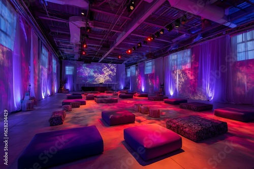 Attend a corporate wellness retreat in a spacious loft space flooded with vibrant purple and red lighting for a transformative experience