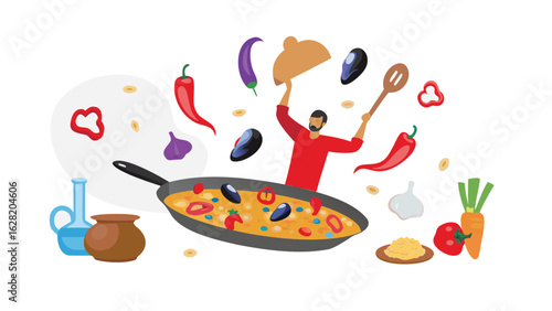 Man cooking paella with mussels and vegetables in a pan with ingredients around the chef and dish