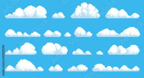 Pixel clouds. Retro game graphic asset, 8 bit landscape design elements, white fluffy objects, blue sky background. Cumulus cloudy shapes different sizes. Qualitative vector isolated set
