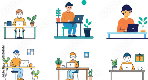Remote Office Workers Vector Set. Flat Design Characters Working at Desks.