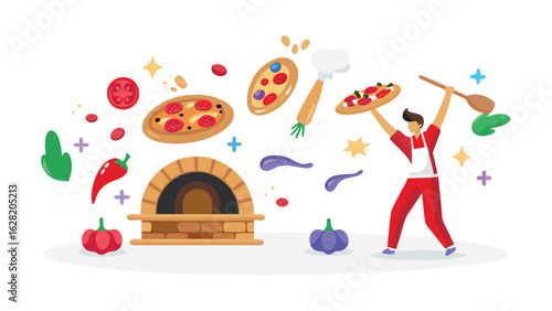 Illustration of a pizzaiolo holding a pizza and a wooden spoon near a brick oven with pizzas around