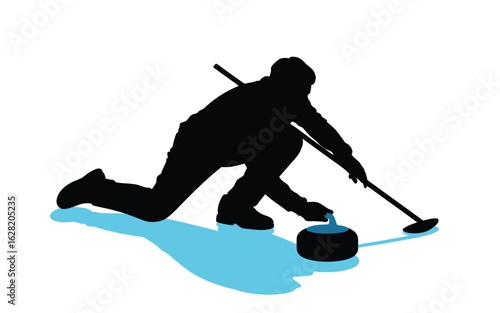 Vector art of silhouette of curling player throwing stone on ice isolated on white background