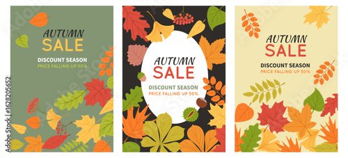 Autumn foliage sale cards. Season discount banners, fall color leaves, advertising templates, forest chestnut, maple pattern, ginkgo orange background, splendid vector cartoon isolated set