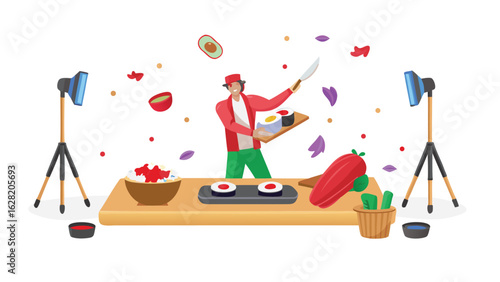 Sushi chef prepares food for photoshoot with lights and props in a studio setting for food photography