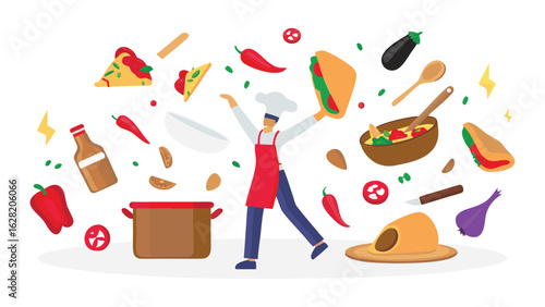 Chef surrounded by floating food items including pizza, tacos, peppers, and cooking utensils