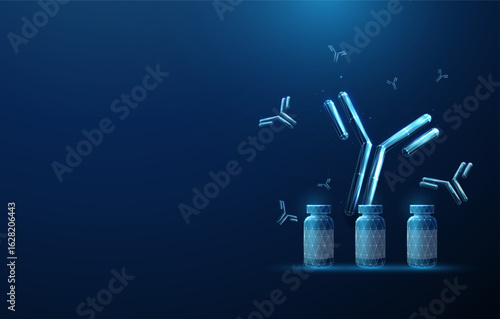 Three blue medical bottles with flying antibodies around. Vaccination, antibody-based therapy, passive immunity, viral protection, biotechnology medicine concept.