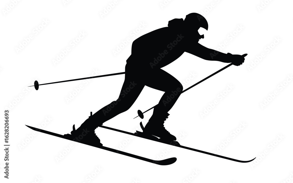 Fototapeta premium Vector art of silhouette of a skier skiing downhill on a slope, isolated on white background