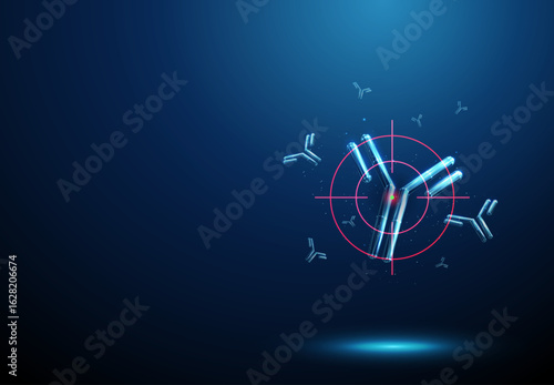 Antibodies in digital target crosshair Concept of immune therapy, autoimmune disease treatment, immune modulation, biologic therapy, personalized medicine.