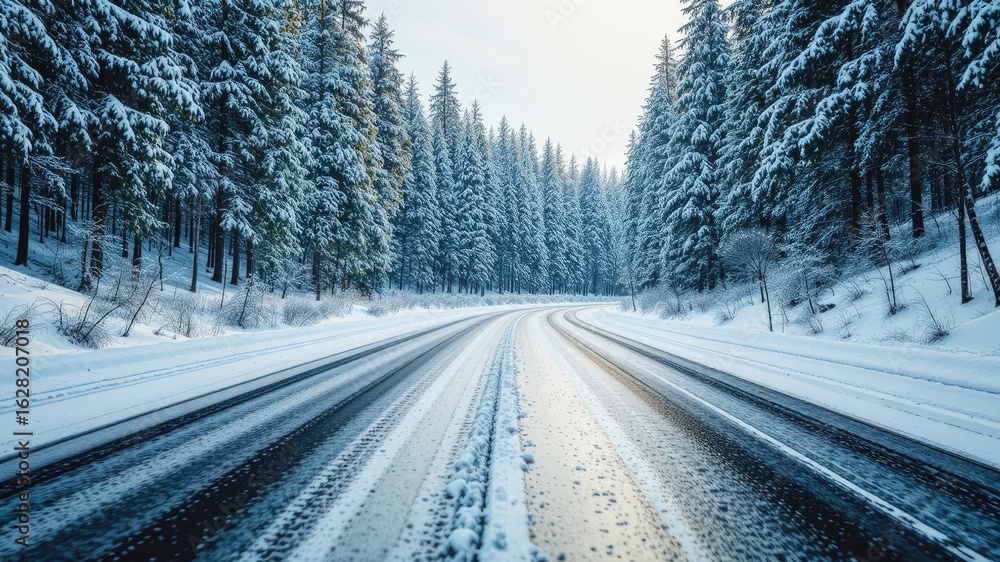 Obraz premium Snow-Covered Forest Road Animation Background