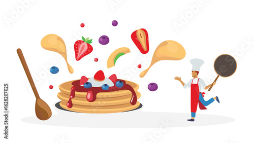 Illustration of pancakes with toppings and a chef holding a pan and wooden spoon in the background