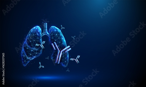 Human lungs with flying antibodies Antibody-mediated transplant rejection, autoimmune lung disease, respiratory immunotherapy concept