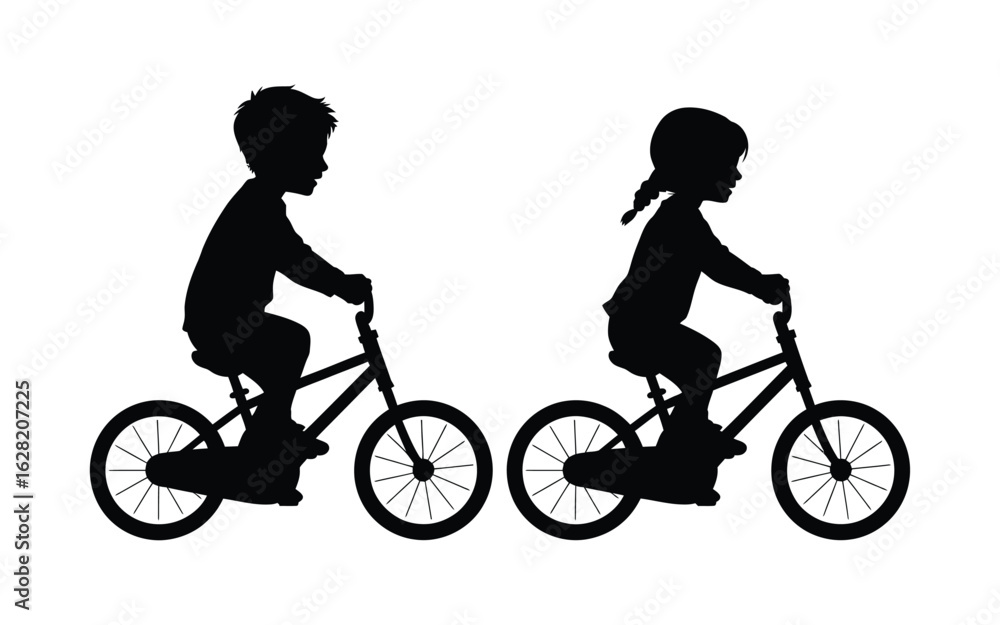 Obraz premium Vector art of silhouette of a boy and girl riding bicycles isolated on white background