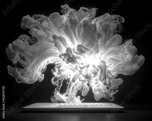 Un'esplosione astratta di fumo bianco emerge dinamicamente da un laptop, simboleggiando la potenza della creatività digitale e l'innovazione tecnologica.