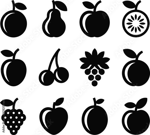 Assorted Fruit Icons Black and White Collection apple pear