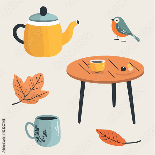 Flat clipart set with yellow teapot, mugs, table, bird and leaves, ideal for printable fall DIY kits, cozy paper crafts and autumn-themed projects