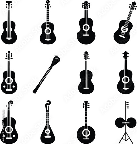 Assortment of Black Guitar Icons on White Background musical instrument music