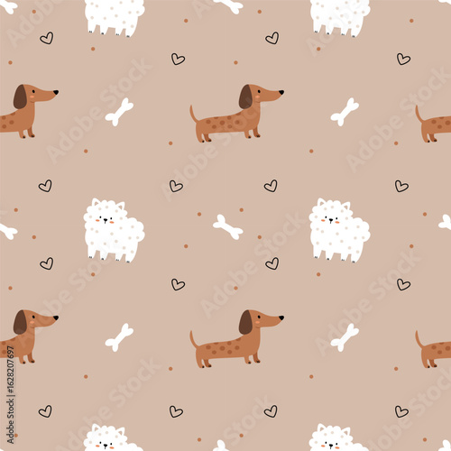 Cute seamless pattern with dachshund and spitz dogs, bones, hearts, and dots on beige background. Perfect for pet-themed designs, kids’ products, textiles, and wrapping paper.