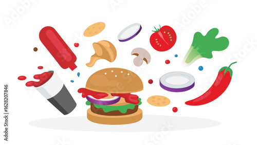 Illustration of a burger with flying ingredients and ketchup bottle and cup floating around it