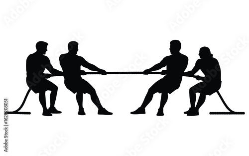 Vector art of silhouette of two teams competing in a tug of war, isolated on white background