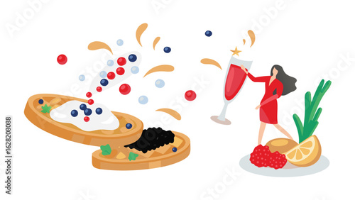 Illustration of waffles with toppings, a woman with a drink, and fruit on a plate design