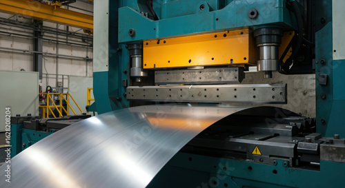 Metal forming press machine processing steel sheet with hydraulic power. Industrial manufacturing for automotive parts production and metalworking