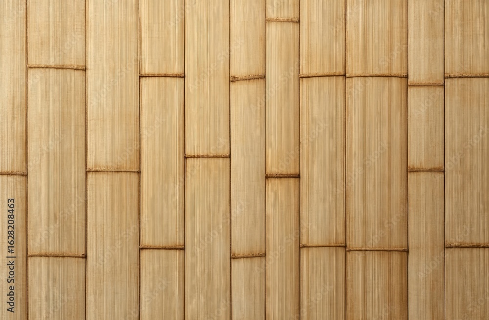 Fototapeta premium A textured bamboo wall with vertical panels, showcasing natural tones and a seamless design, ideal for decor and aesthetic applications.