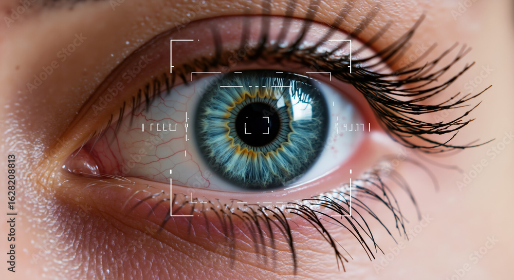 Fototapeta premium Human eye with digital scanning overlay and targeting frame graphics. Biometric identification for security access and facial recognition technology
