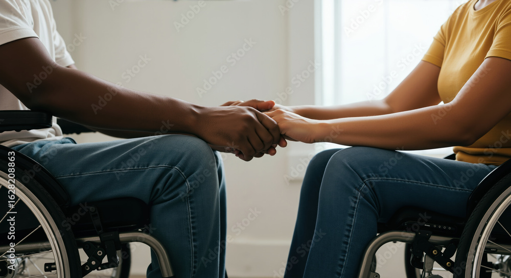 Obraz premium Two people in wheelchairs holding hands showing support and connection indoors. Disability friendship and emotional support for healthcare and accessibility services