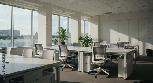 Fototapeta Naklejka Na Ścianę i Meble -  Modern office workspace with desks chairs and large windows overlooking city. Corporate environment for business productivity and professional work atmosphere