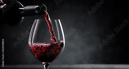 Red wine being poured into a stemmed glass.  A bottle of red wine is pouring a stream of wine into a wine glass, against a dark background.  Wine splashes are visible