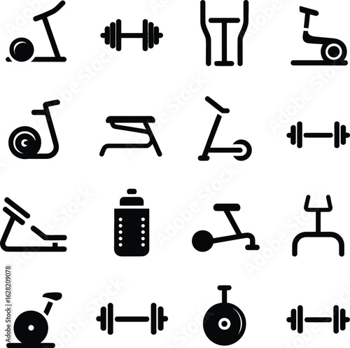 Fitness Equipment Icons Set Cardio and Weight Training Symbols exercise bike elliptical trainer
