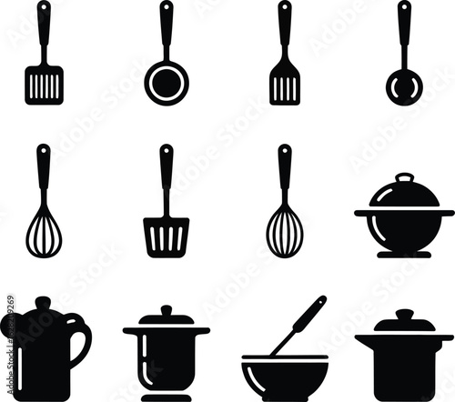 Kitchen Utensils and Cookware Icons Set Cooking Tools Collection spatula whisk