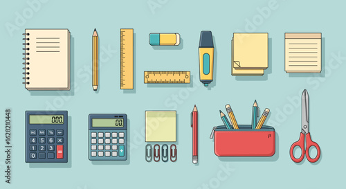 Overhead view of assorted stationery items including calculators and writing implements on light blue background