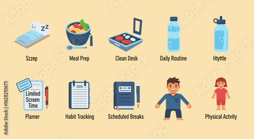 Illustration showing daily routine activities including sleep meal prep clean desk and physical activity