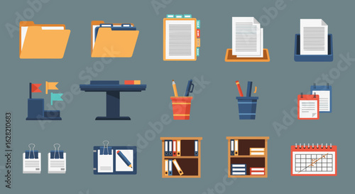 Illustration showing office supplies including folders, pens, calendar, and bookshelves on a gray background