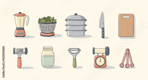 Illustration of various kitchen utensils including a blender steamer and other cooking tools arrayed