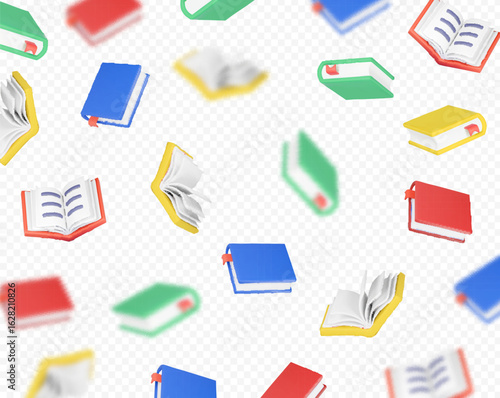 Set of 3d realistic books icons flying. Falling opened closed books on transparent background. Back to school Vector illustration