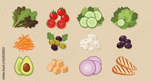 Illustration showing twelve different piles of salad ingredients on a light brown background color tone