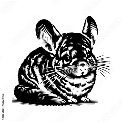 Illustration of a chinchilla isolated on white background in black and white style