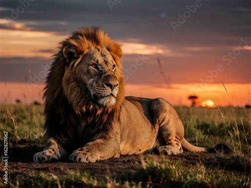 A powerful male lion lies majestically on the African savannah during a dramatic sunset. With its golden mane glowing under the warm twilight, this wildlife image captures the calm yet regal presence