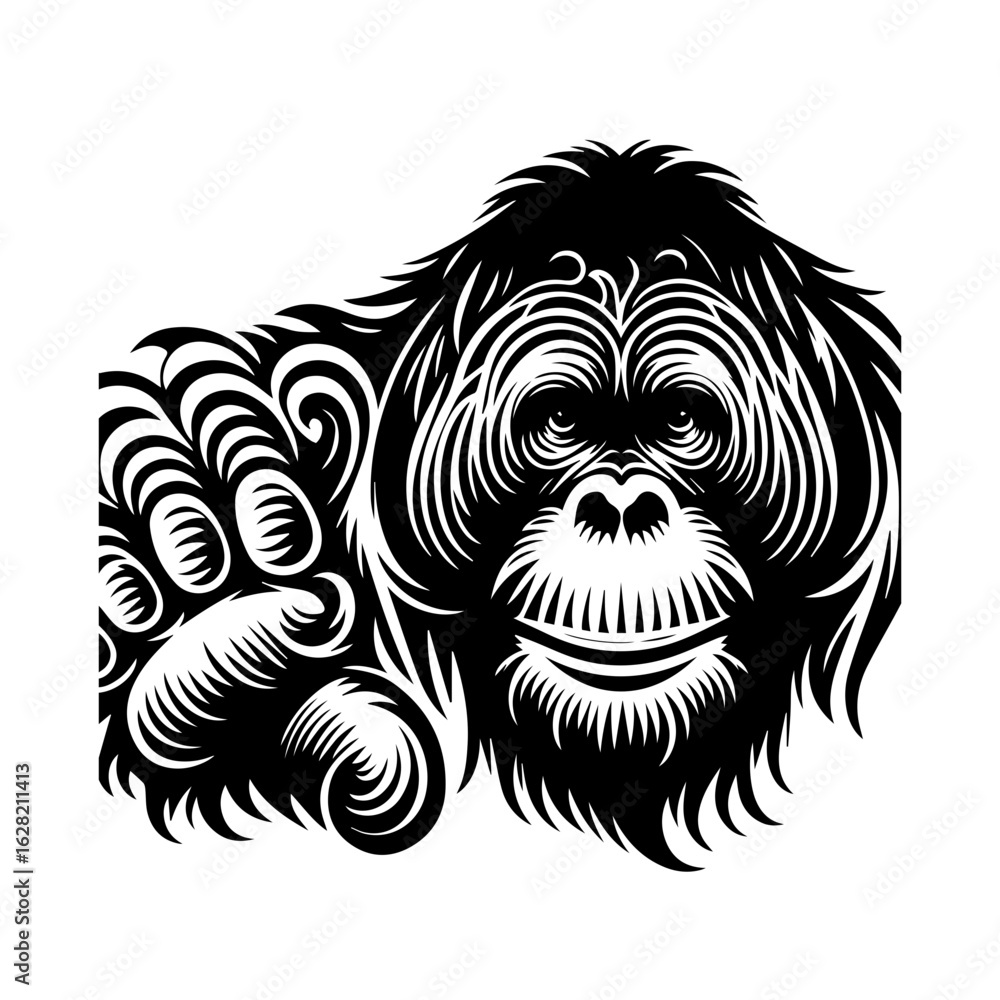 Fototapeta premium Orangutan illustration isolated on white background in black and white style