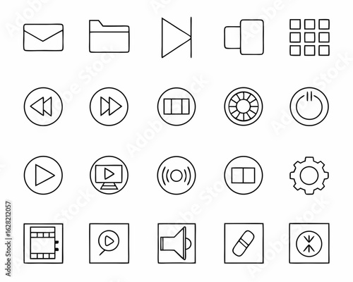 Collection of modern outline icons for media playback and user interface design elements