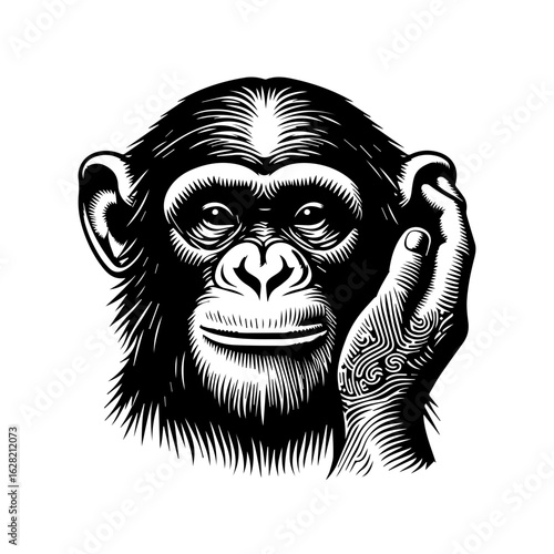 Thoughtful chimpanzee isolated on white background, a contemplative primate