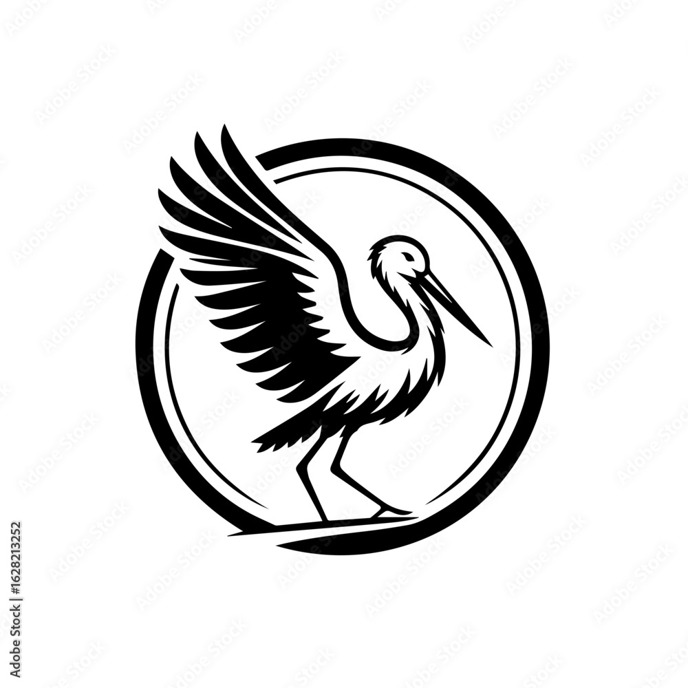 Obraz premium Elegant stork with spread wings in a circle isolated on white background