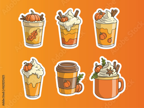 Fall coffe drink, Pumpkin spice latte vector sticker