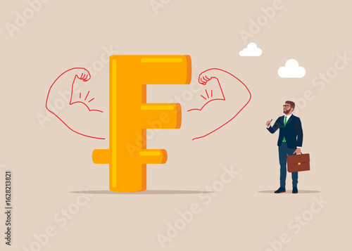 Financial and investment growth. Symbol of the Swiss Franc doing strong gesture. Money power. High esteem. Flat vector illustration