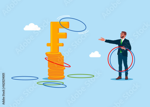 Businessman plays throwing ring game. Symbol of the Swiss Franc. Decide precision challenge test. The business improve and growth concept. Business strategy, investment, wealth, management, marketing.