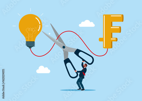 Hand holding scissors cut the connected wire between light bulb and Symbol of the Swiss Franc. No financial support for startup and company. Modern vector illustration in flat style
