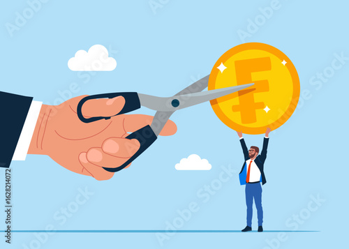 Giant's hand holding scissors to cut Swiss Franc coin. Divide money, share profits. Cost reduction or cut price. Flat vector illustration.