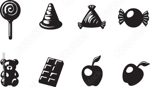 Playful candy and fruit silhouette icons for sweet designs